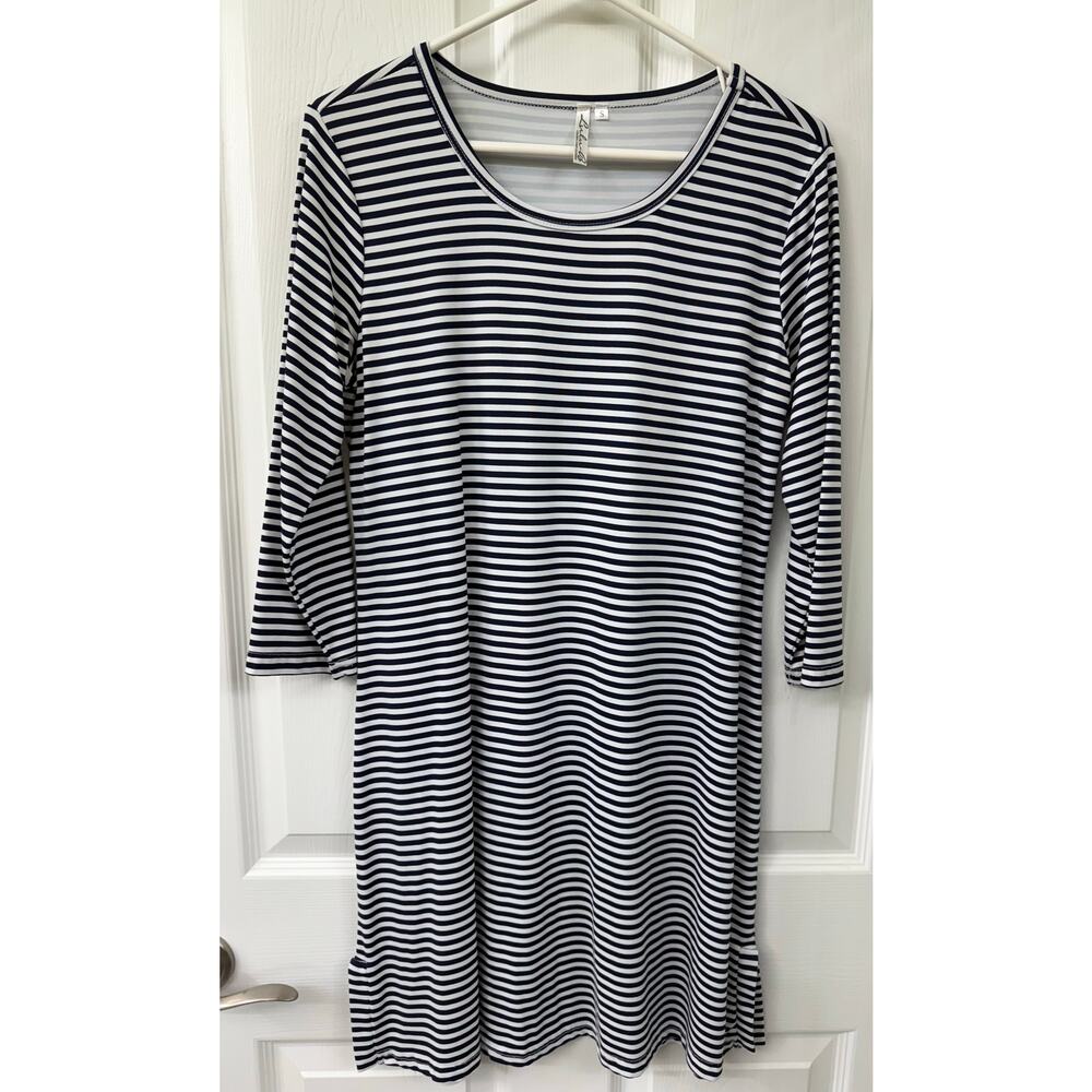 Lulu-B Navy Blue and white nautical UPF50 small dress 3/4 sleeves jewel neck